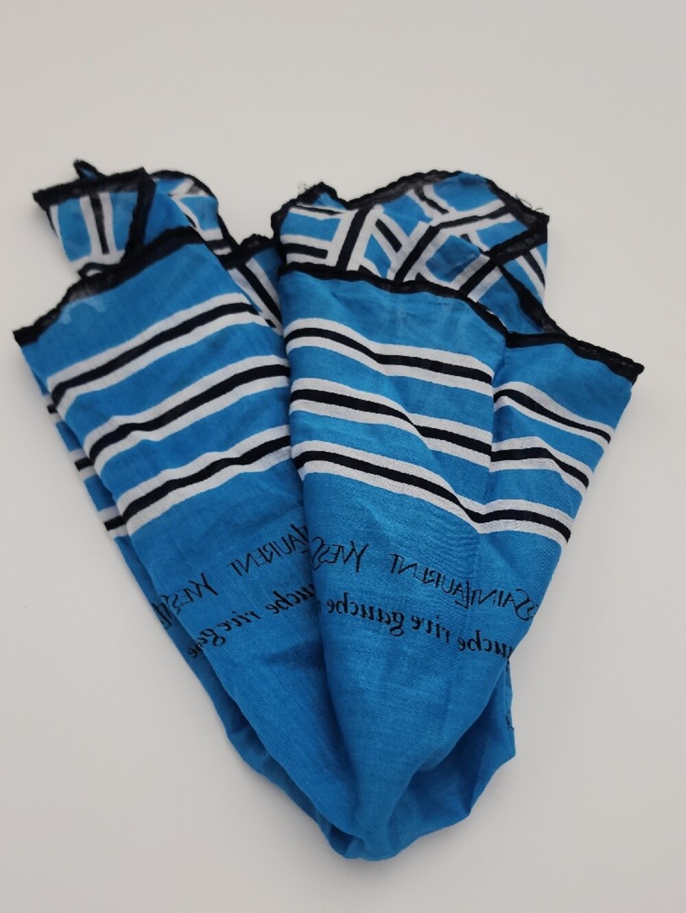 Yves Saint‎ Laurent Turquoise Blue Striped 100% Cotton Scarf 18 Inch Square